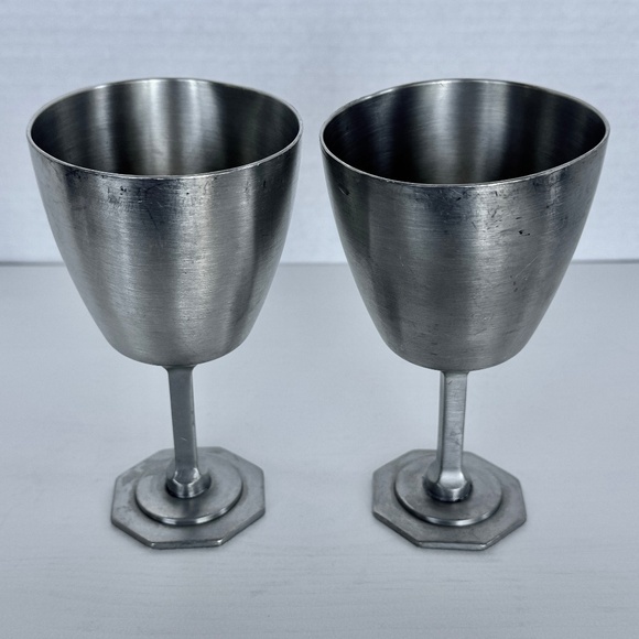 Vintage Aitkens Pewter Wine Glasses Goblets 2 Octagon Bases Matte Artisan Rustic - Picture 2 of 14